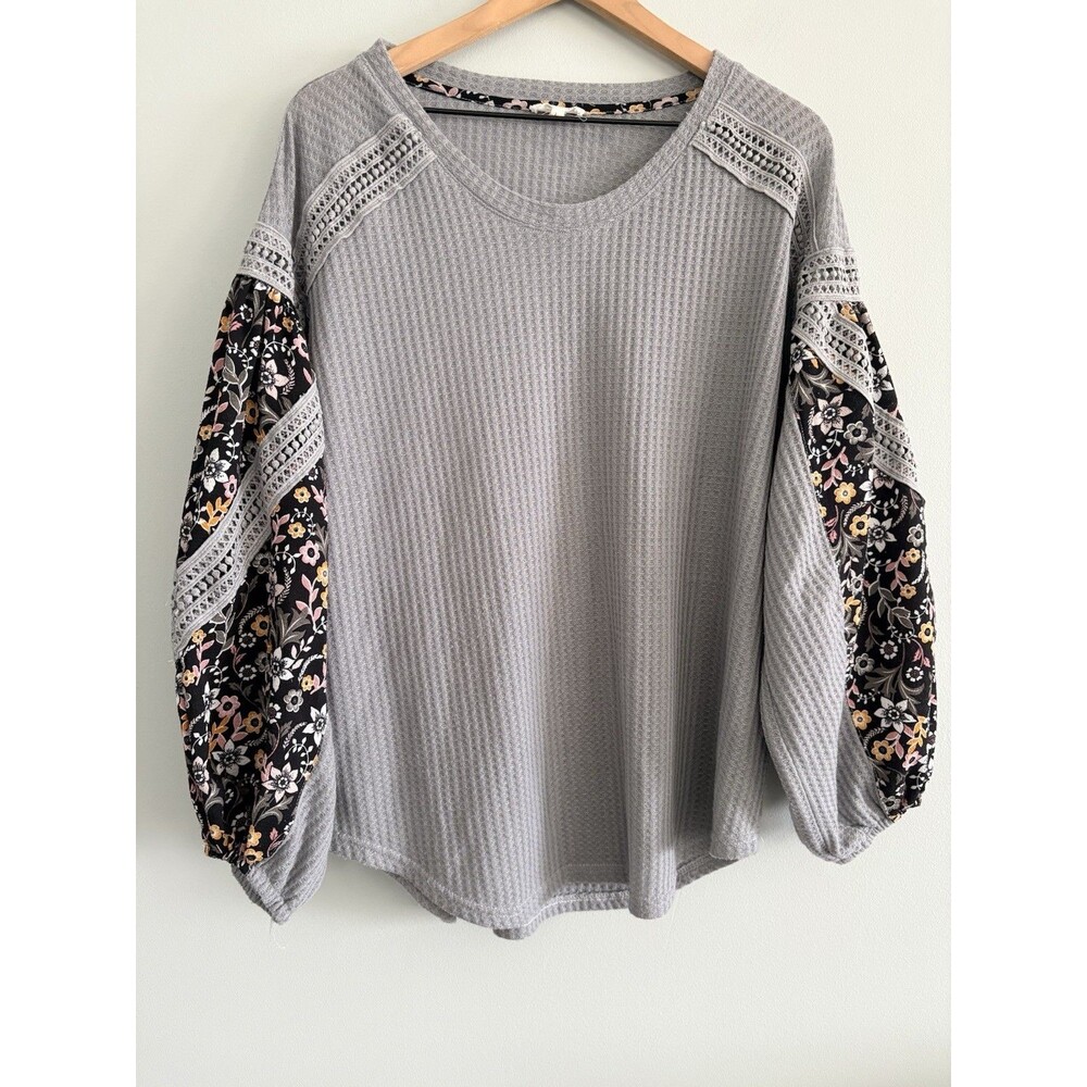 La Miel Waffle Knit Top Gray Floral Women's Large Long Balloon Sleeve
